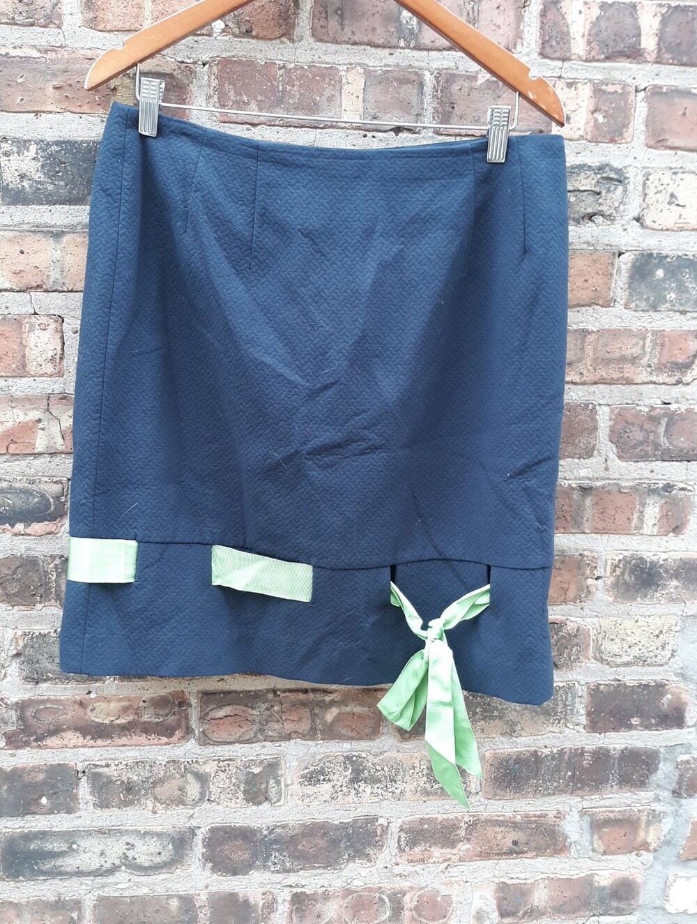 Steven Stolman Navy Blue Textured Cotton Matelasse Pencil Skirt Green Ribbon Siz